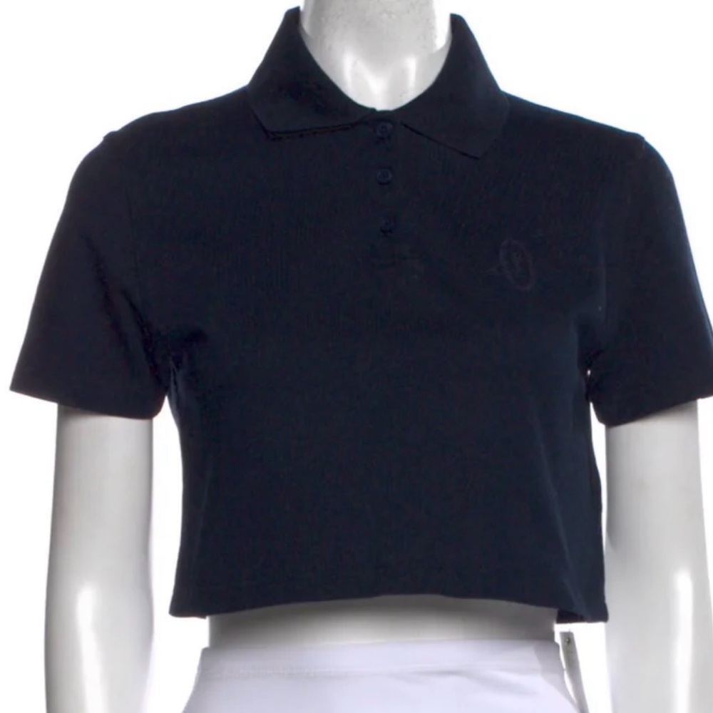 YSL Yves Saint Laurent Navy Cotton Pique Crop Polo Embroidered Logo Youth M XS